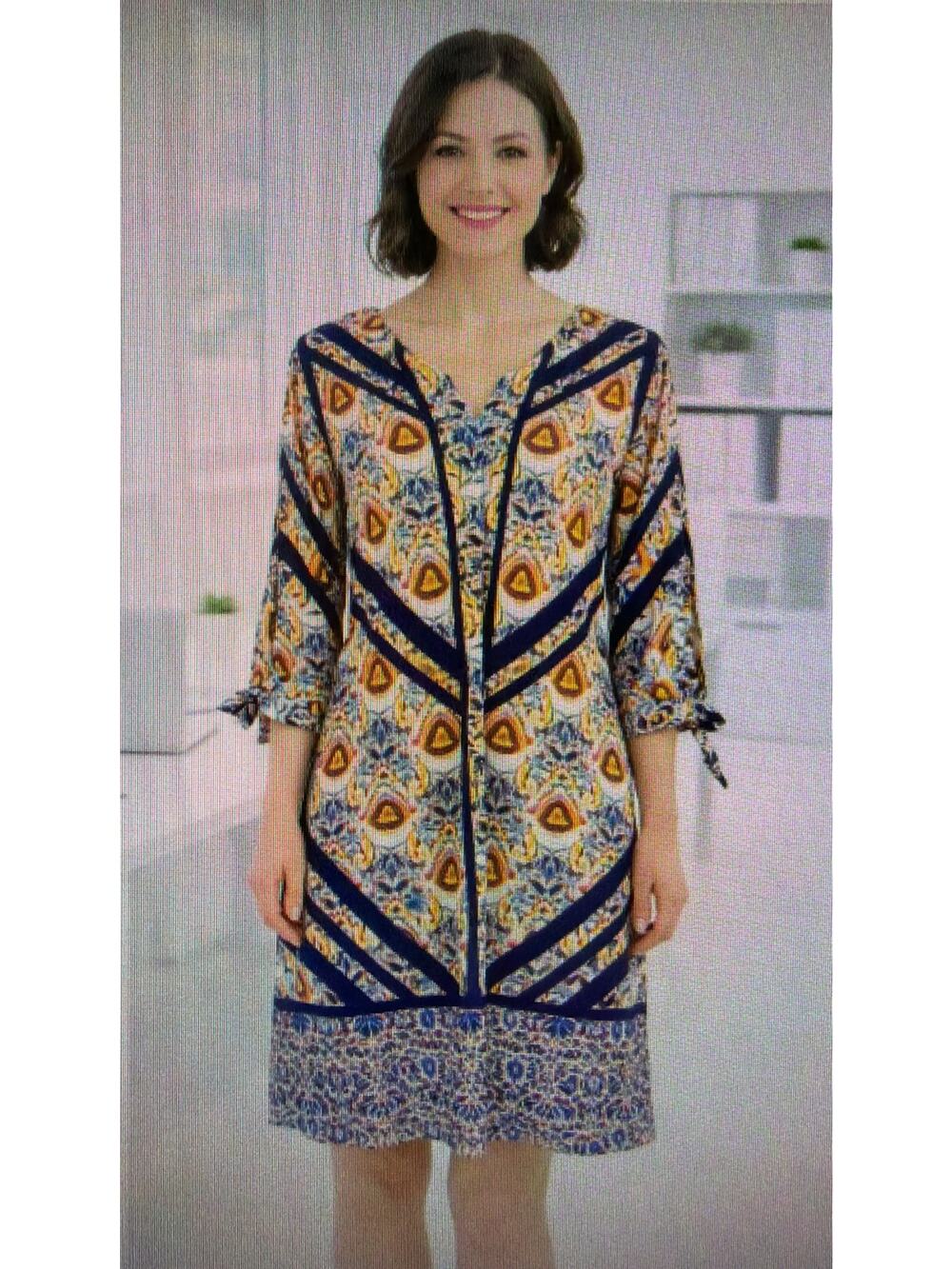 Chico's size 2 US large Ikat Medallion Print Shift Dress Tie Sleeve Stretch Knit